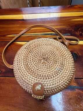 Woven Round Rattan Crossbody Bag in Natural Tan